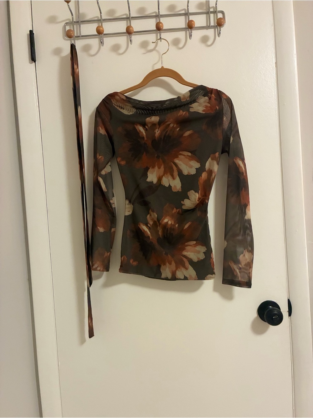 Olive Floral Long-Sleeve Sheer Blouse with Brown Accent